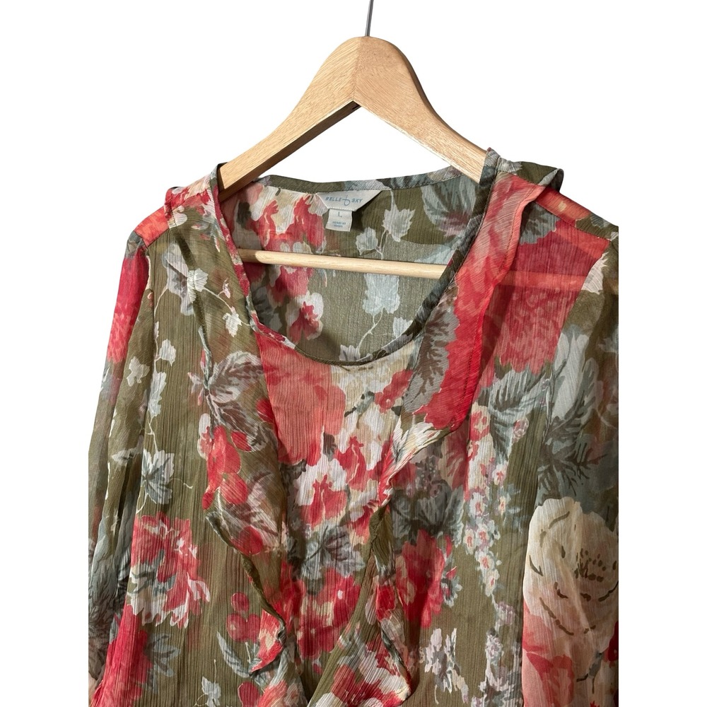 Belle Sky Floral Sheer Ruffle Peplum Blouse Size L Olive Green Red Polyester - Picture 3 of 6